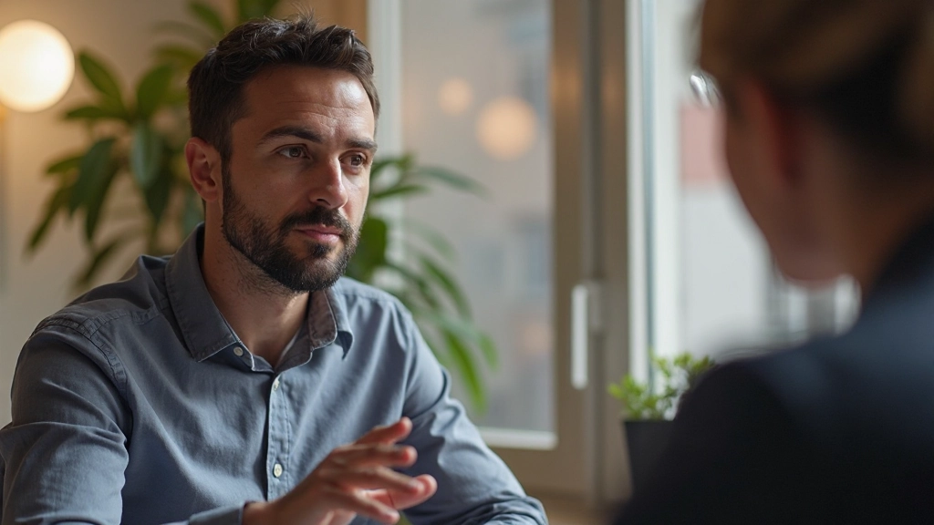 Man engaged in deep conversation with therapist in professional counseling office
